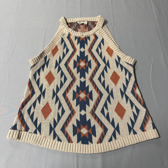 new in Tops - New In Womens Southwestern Geometric Knit Halter Sweater Tank Top Cream Blue M